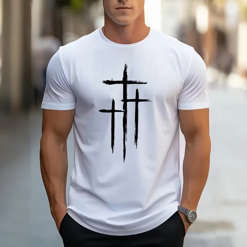 Black White Pure Color Male Home Outdoor Casual Tees 2026 Hot Sale Men's Cotton T-shirt Fashion Cross Print Short Sleeve Top