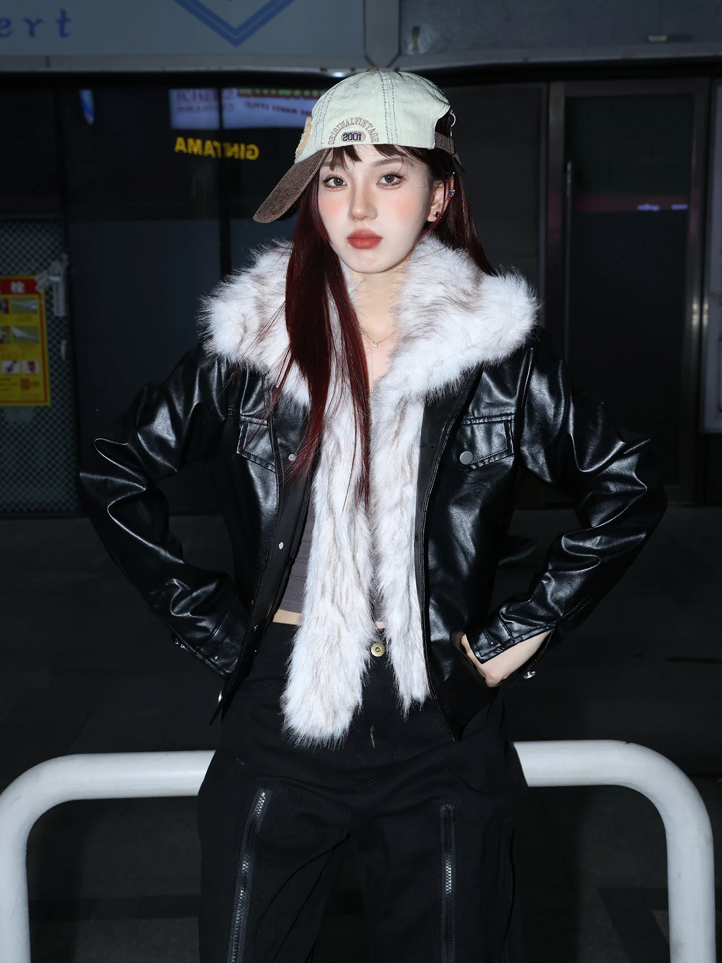 

Retro American PU Leather Jaet with Large Fur Collar for Men Loose Fit Autumn Winter Sli Outerwear Casual Faion