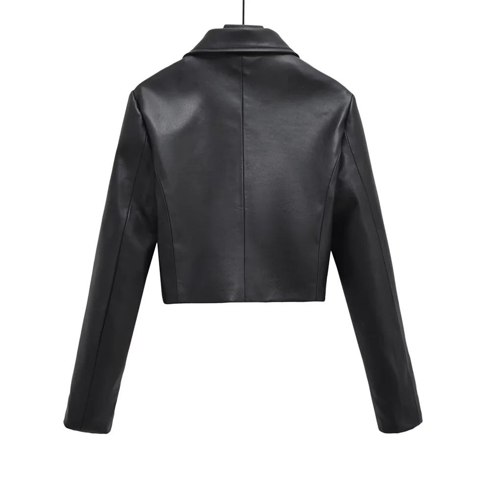 TRAF 2024 Autumn New Product Women\'s Versatile Collar Motorcycle PU Imitation Leather Jacket Short Coat