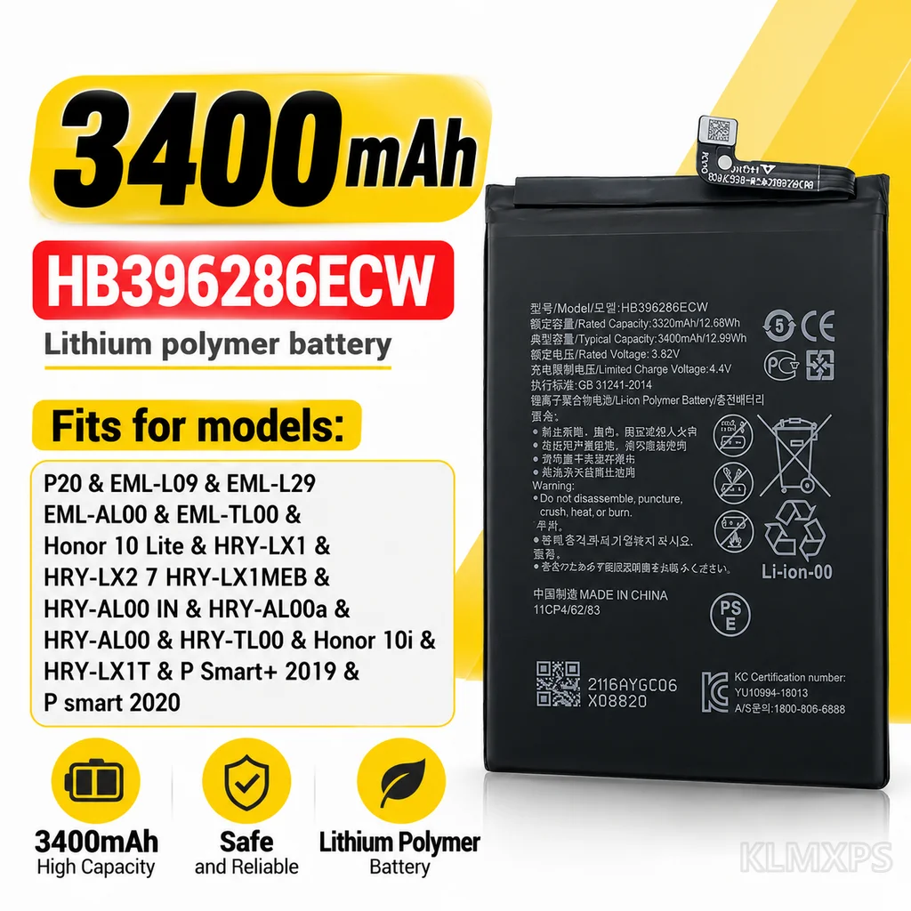 HB396286ECW 3400mAh Replacement Battery For Huawei Honor 10i/20i/10, P20 Lite, Smart+ 2019, HRY-LX1MEB, POT-LX2, LX1T
