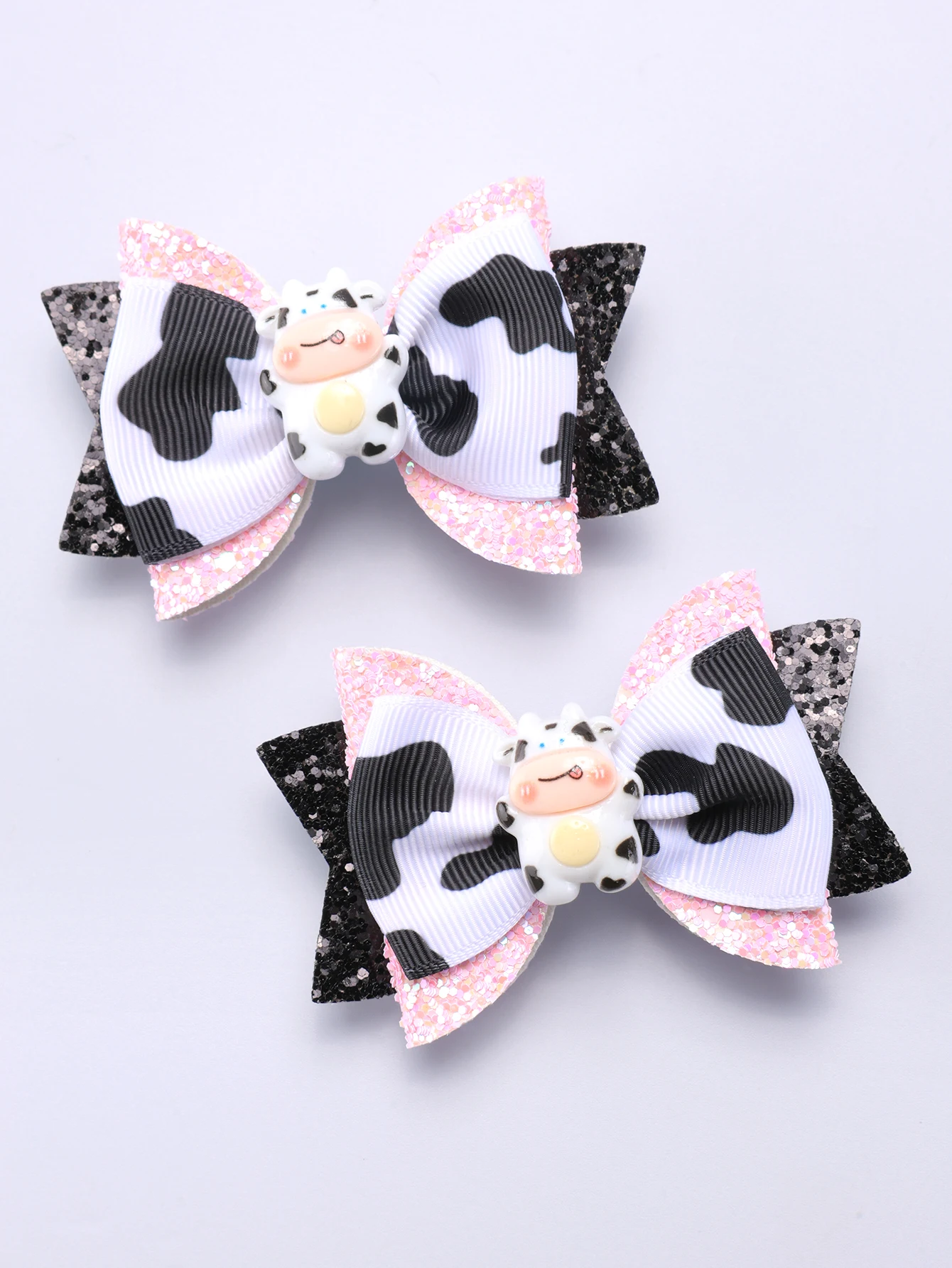 2PC Girls Cow Print Glitter Bow Hair Clips Cute Cow Bow Grosgrain Ribbon Bow Clips Girls Hair Accessories Headwear Hair Clip