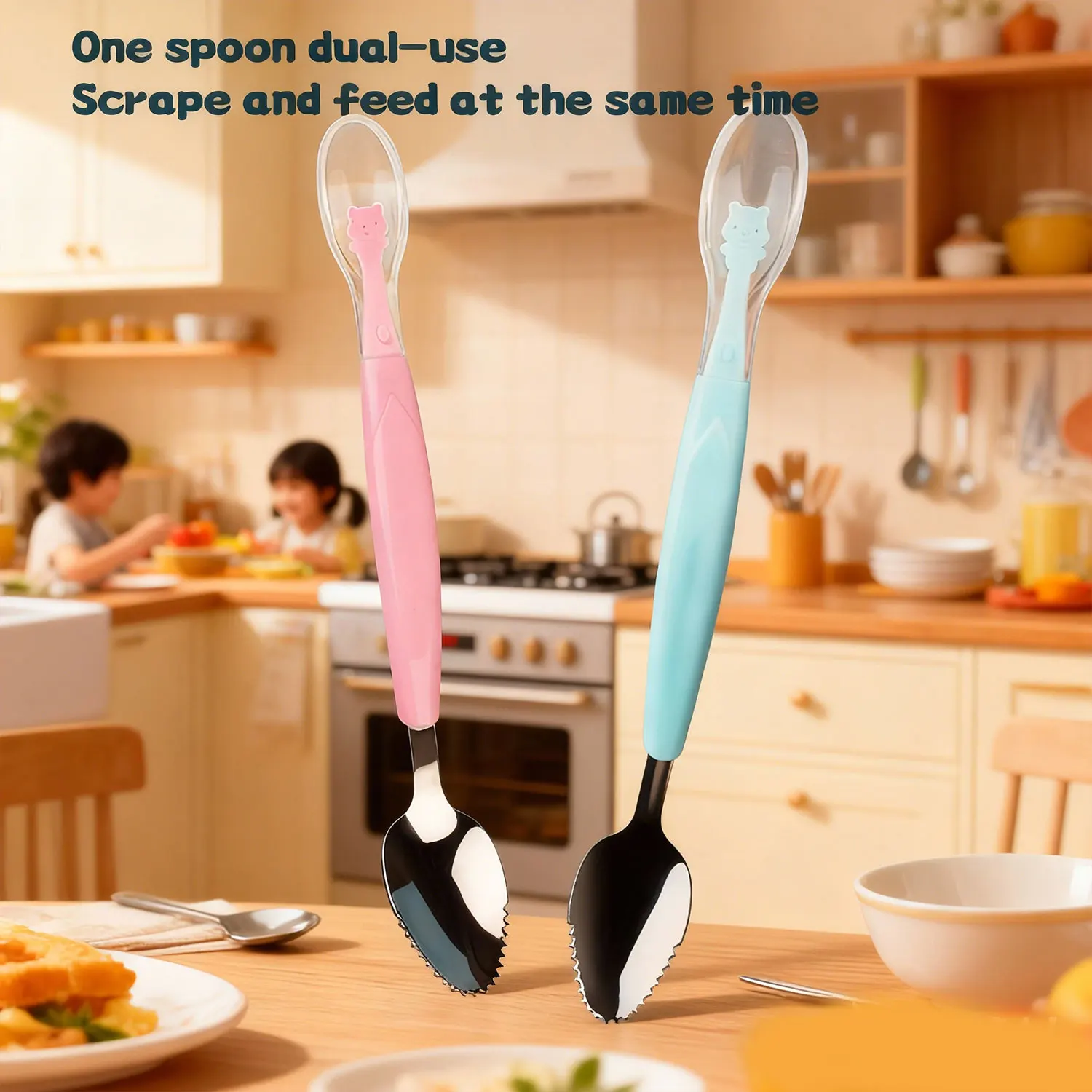 

Silicone double-headed fruit puree spoon, stainless steel baby tableware food supplement spoon, silicone food supplement spoon
