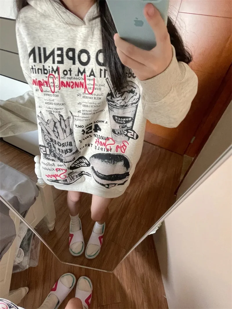 Aerican Retro Hamburger Fries Printed Hooded Sweatshirt For Women in Autumn Winter Layered For Outerwear Loose Ins Thick Hoodie