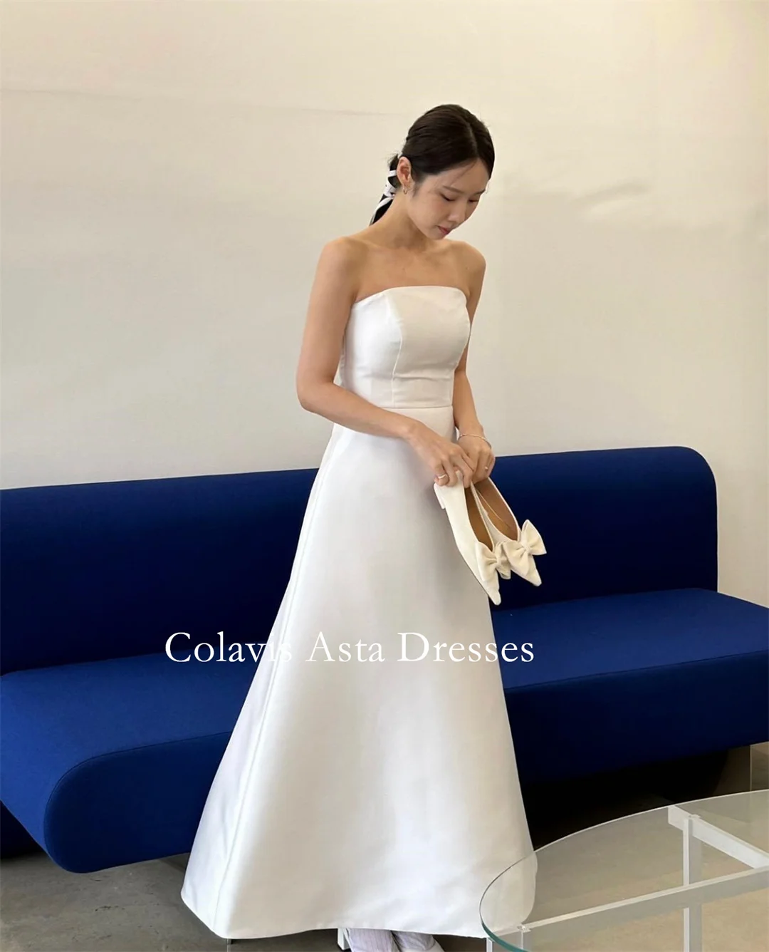 Colavis-vestido de novia de satén sin tirantes, traje de boda largo hasta el tobillo, con cordones, estilo coreano, para sesión de fotos