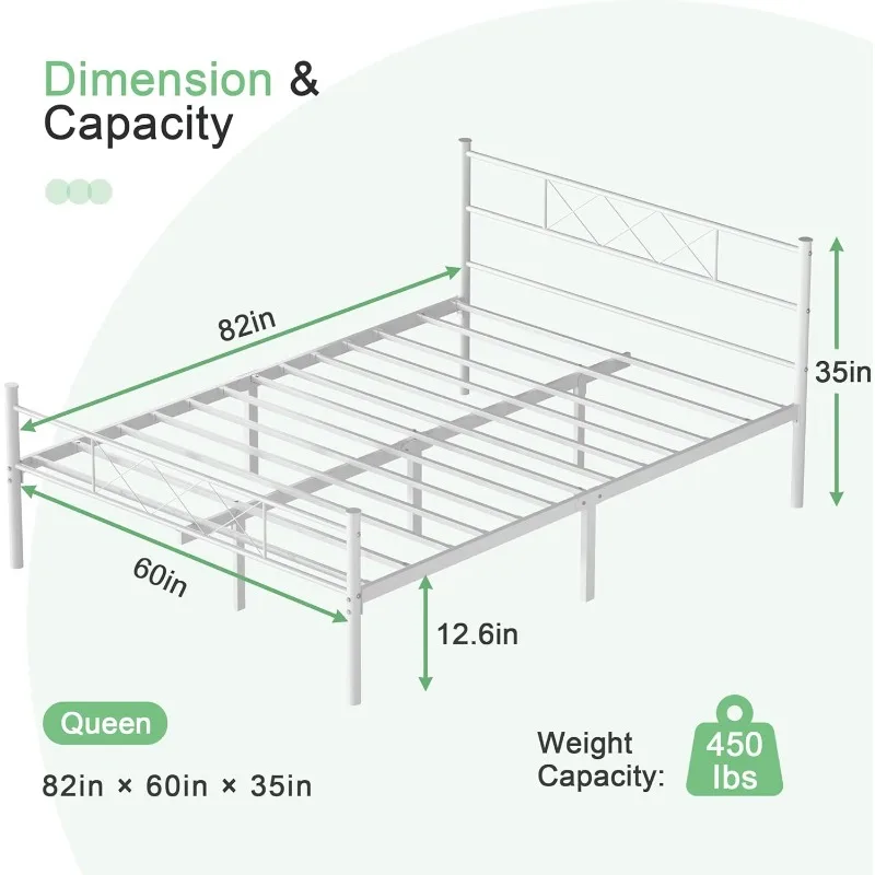 Queen Size Bed Frame with Headboard, Heavy-Duty Platform with Strong Metal Slats, No Box Spring Needed, Easy Assembly,