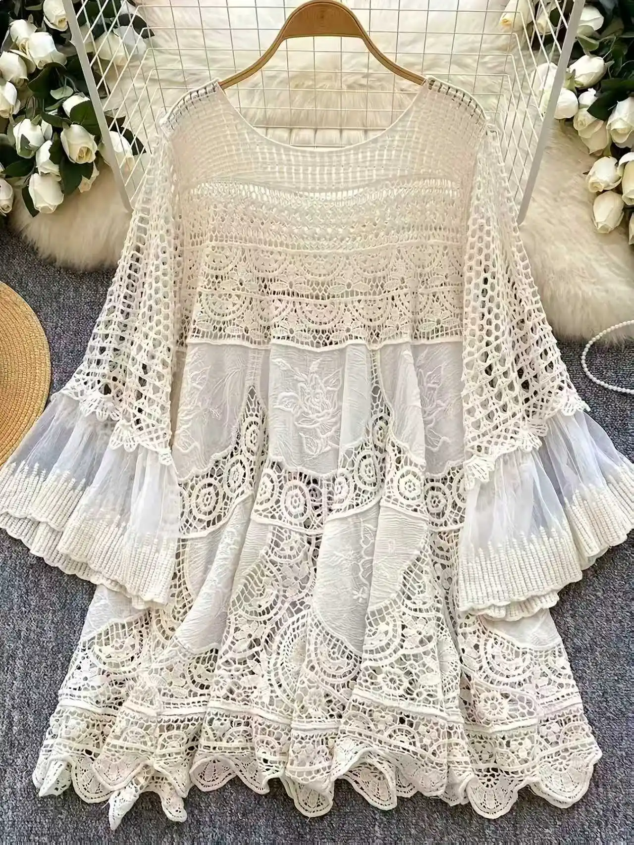 Women's beach cover shirt Bohemian style embroidered hollow round neck pullover loose casual vacation sun protection shirt