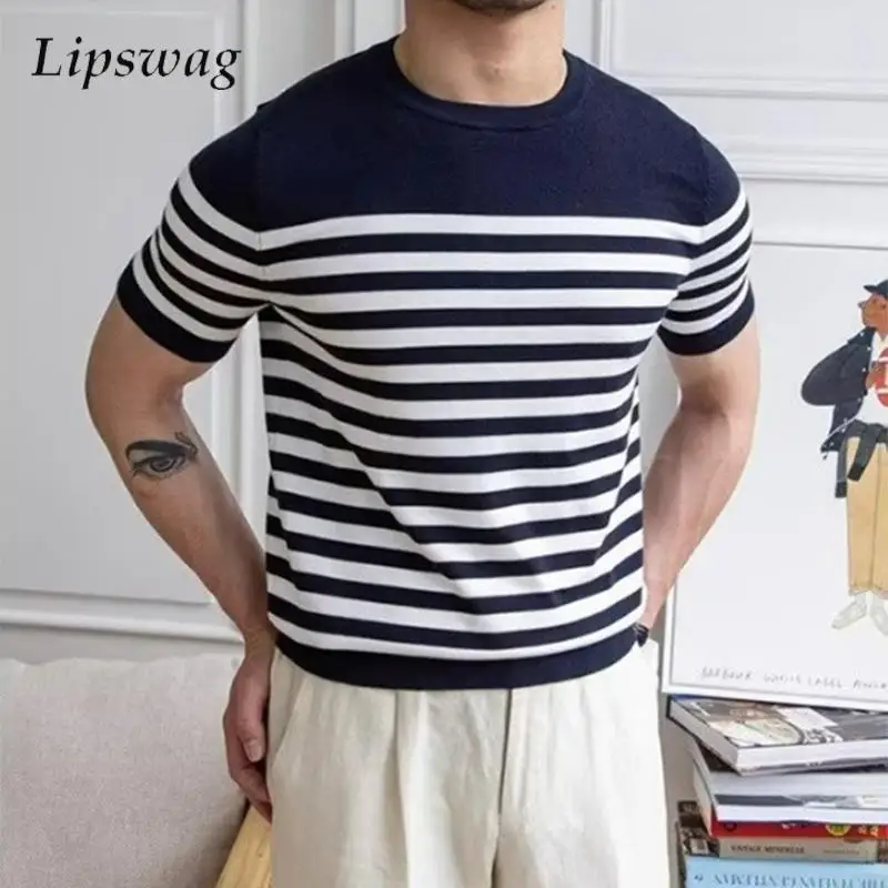 Trendy Striped Crochet Mens T-shirts 2025 Spring Summer New Casual Short Sleeve Knit T Shirt Vintage Crew Neck Men Pullover Top