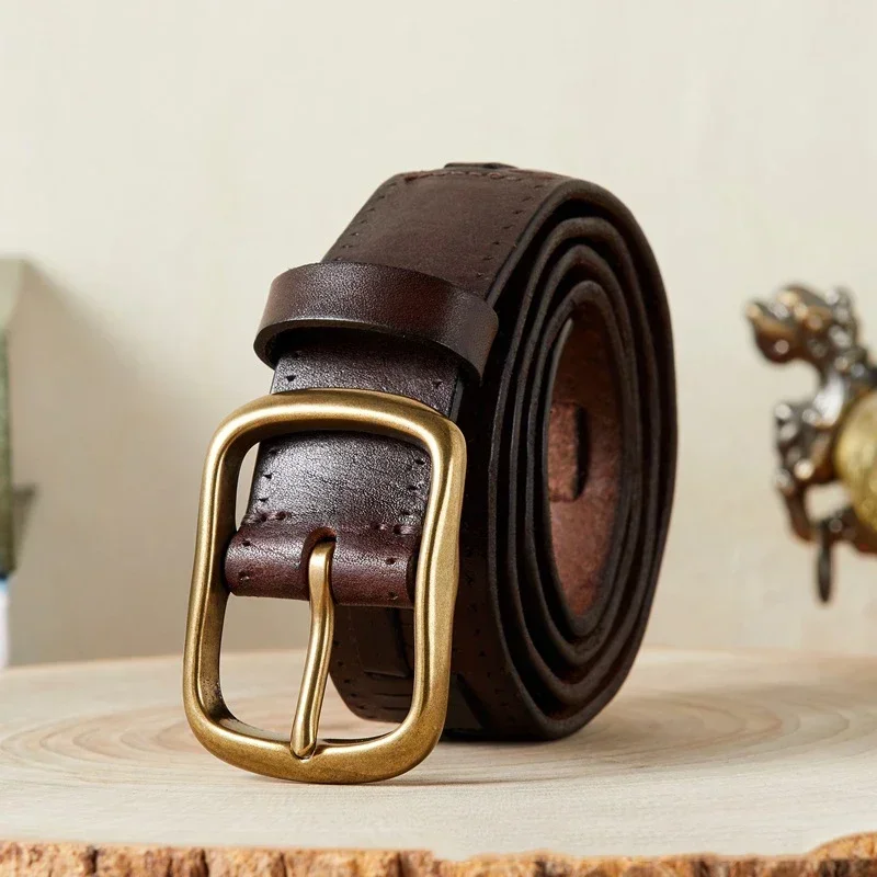 

3.8CMVintage Genuine Leather Weaving Belt for Men with Brass Pin Buckle