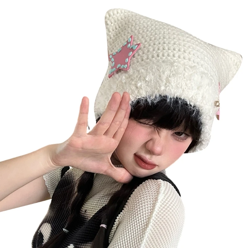 Popular Cat Ear Hat Knitting Beanie Hat with Star Decor Y2K Teens Soft Warm Hat