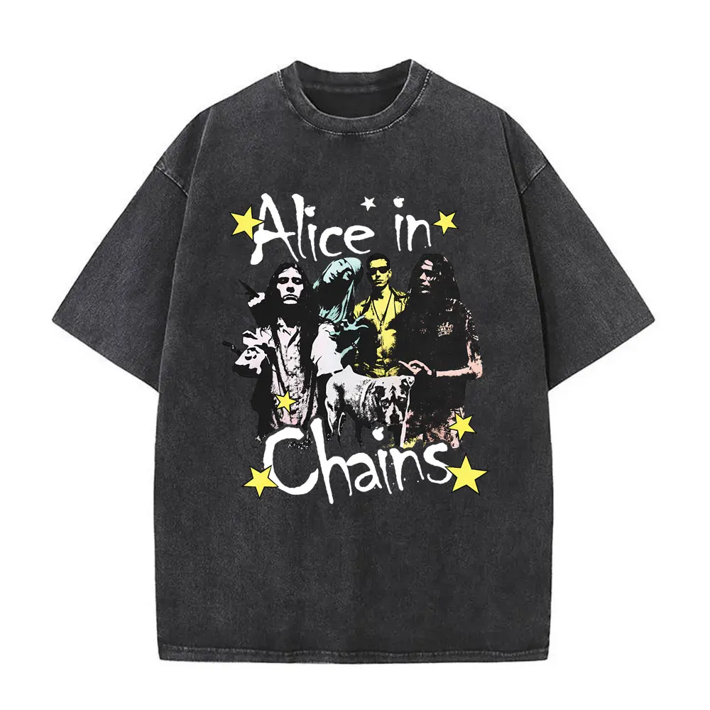 Washed Vintage Rock Band Alice in Chains T-shirt Men Women Gothic Punk Oversized T Shirt Men's Casual Cotton T-shirts Streetwear