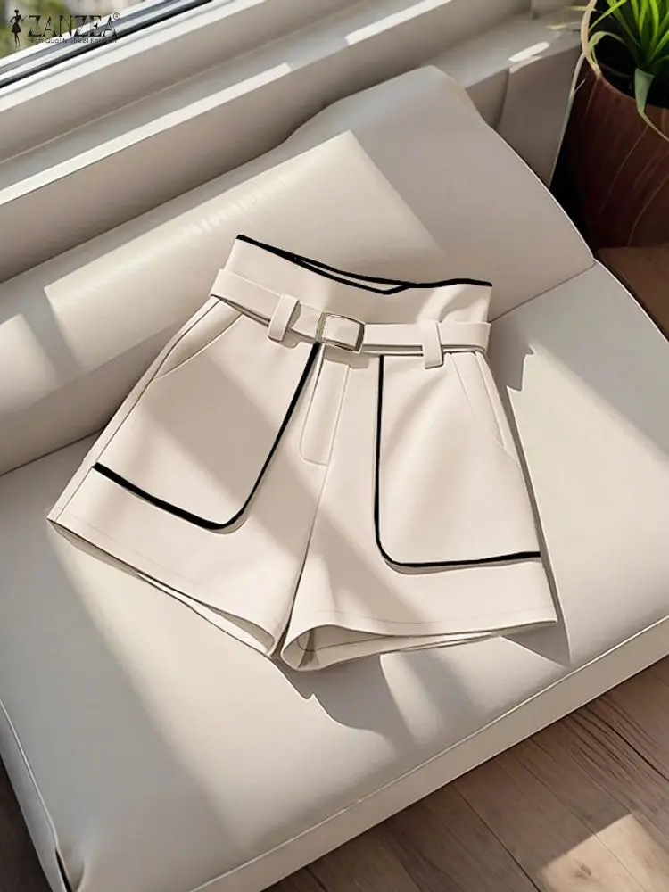 ZANZEA Elegant Chic Women's Shorts Korean Fashion Contrast-Color High Waist Short Pants with Belt 2025 Summer Office Commuting
