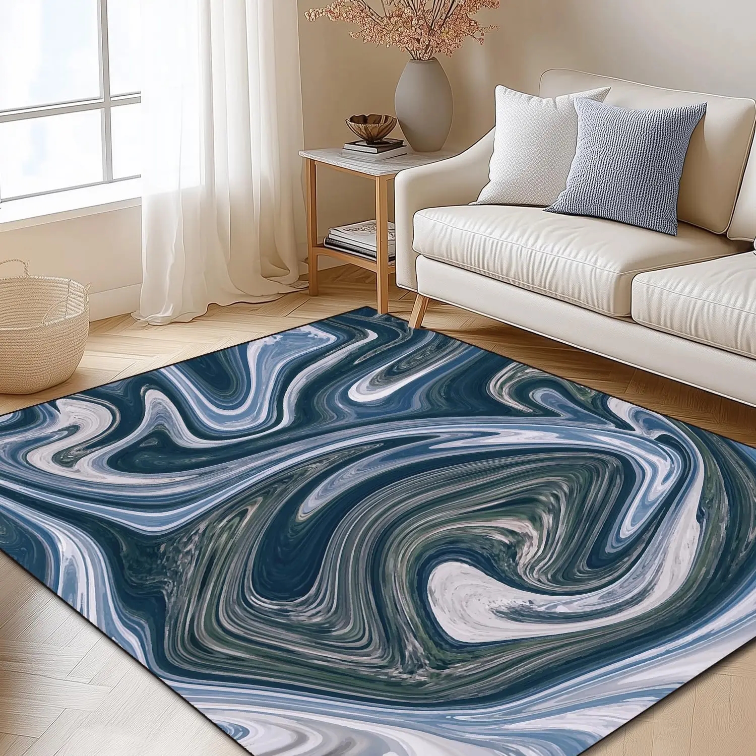 Blue Waves Abstract Area Rug, Non Slip Marble Oil Painted Carpet for Living Room Bedroom, Versatile Kids Home Decor