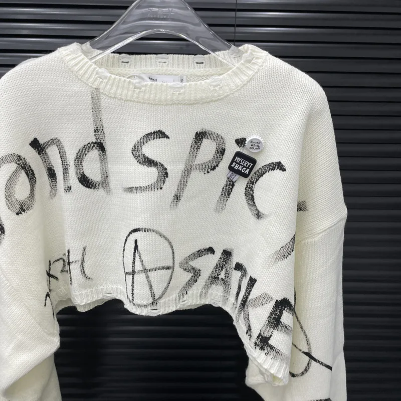 HKSH Autunno Nuove Donne Maglione Corto Lettera Stampata O-Collo Pullover a Maniche Lunghe Elegante High Street Elegante Top Lavorato a Maglia HK10089