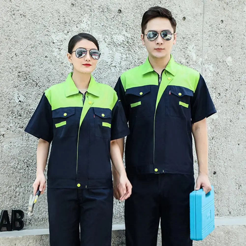 

2Pcs/Set Work Clothes Suit Lapel Short Sleeve Zipper Closure Tops Anti-Fouling Long Pants Set Patchwork Color Tear Resistant Wor