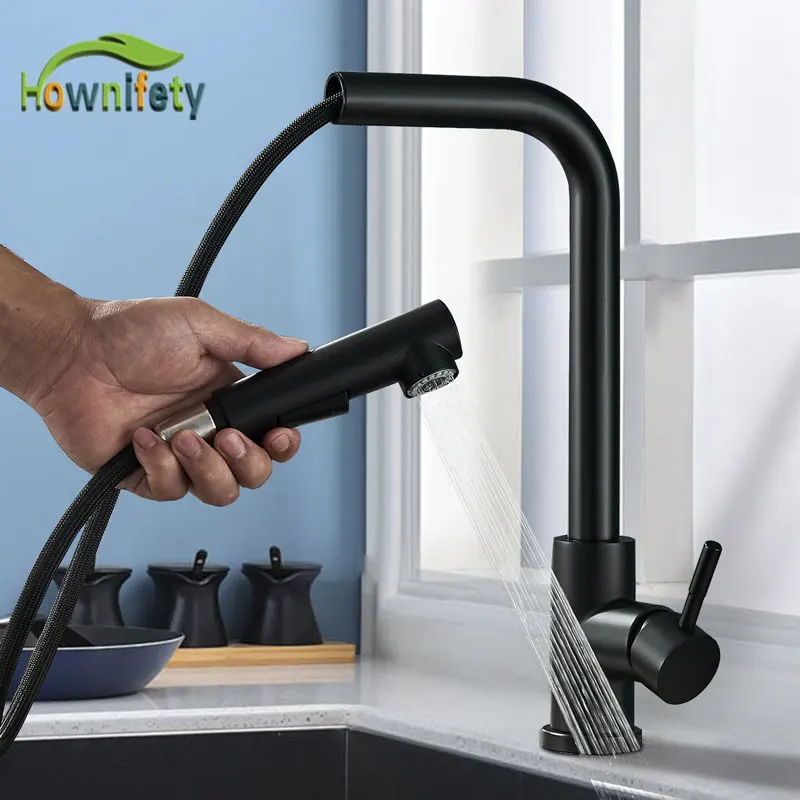 

Black Nickel Kitchen Faucet Pull Out Dual Modes Cold Hot Water Mixer Crane Tap Deck Mount Stainless Steel and Plastic Tapware