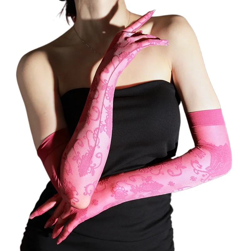 Women Sexy Gloves Oil Shiny Jacquard Five-Finger Stockings Transparent Ultra Elastic Temptation Ultra Thin Nightclub Glove