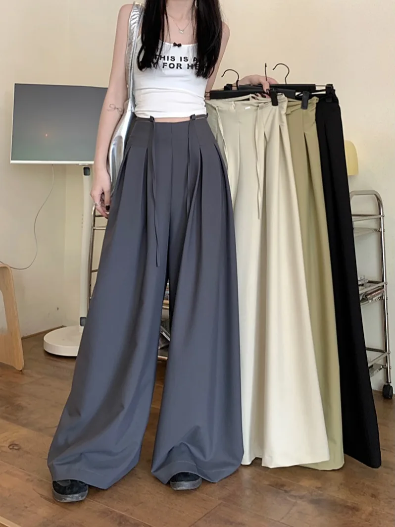 

Grey Black Office Lady Suit Pants For Women 2024 Summer Loose Fit, Slim High Waist Wide Leg Pants Casual Pants