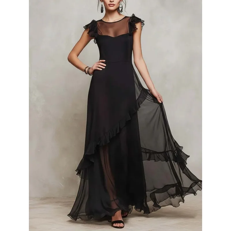 ティナ 女性用 シアー ラッフルトリム ドレス 2026 春夏 アシンメトリー パッチワーク メッシュ ジッパーバック イブニング ウェディング ゲストドレス