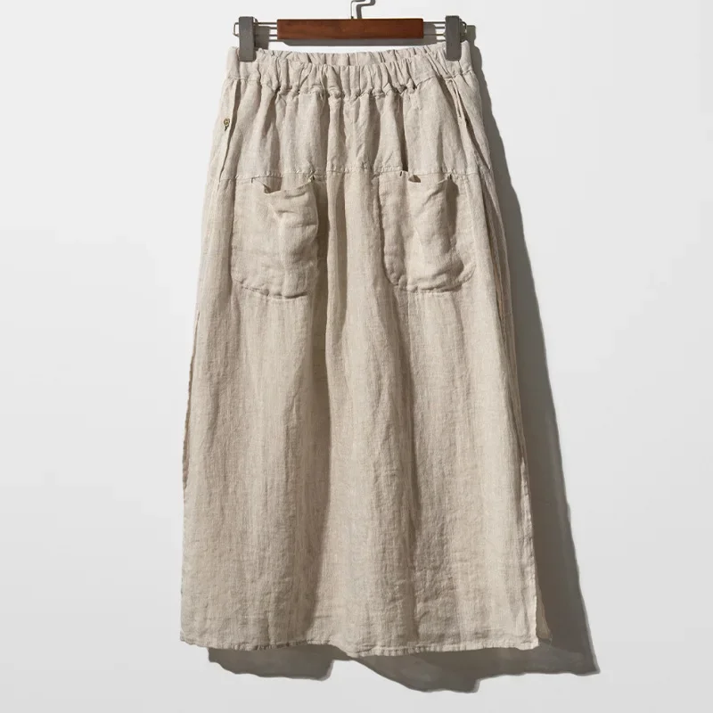 Vintage Women\'s Summer Pants 100% Linen Wide Leg Pant Skirt Pocket Elastic High Waist Loose Casual Loose Trousers Female Bottom