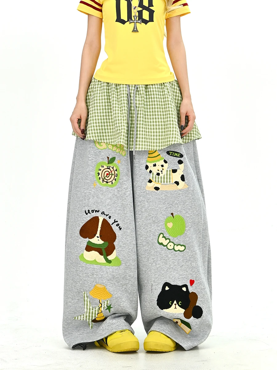 

Повседневные свободные женские брюки в корейском стиле, широкие брюки с плиссированным подолом, с мультяшным принтом, весна 2026, новинка, удобные, уличный стиль