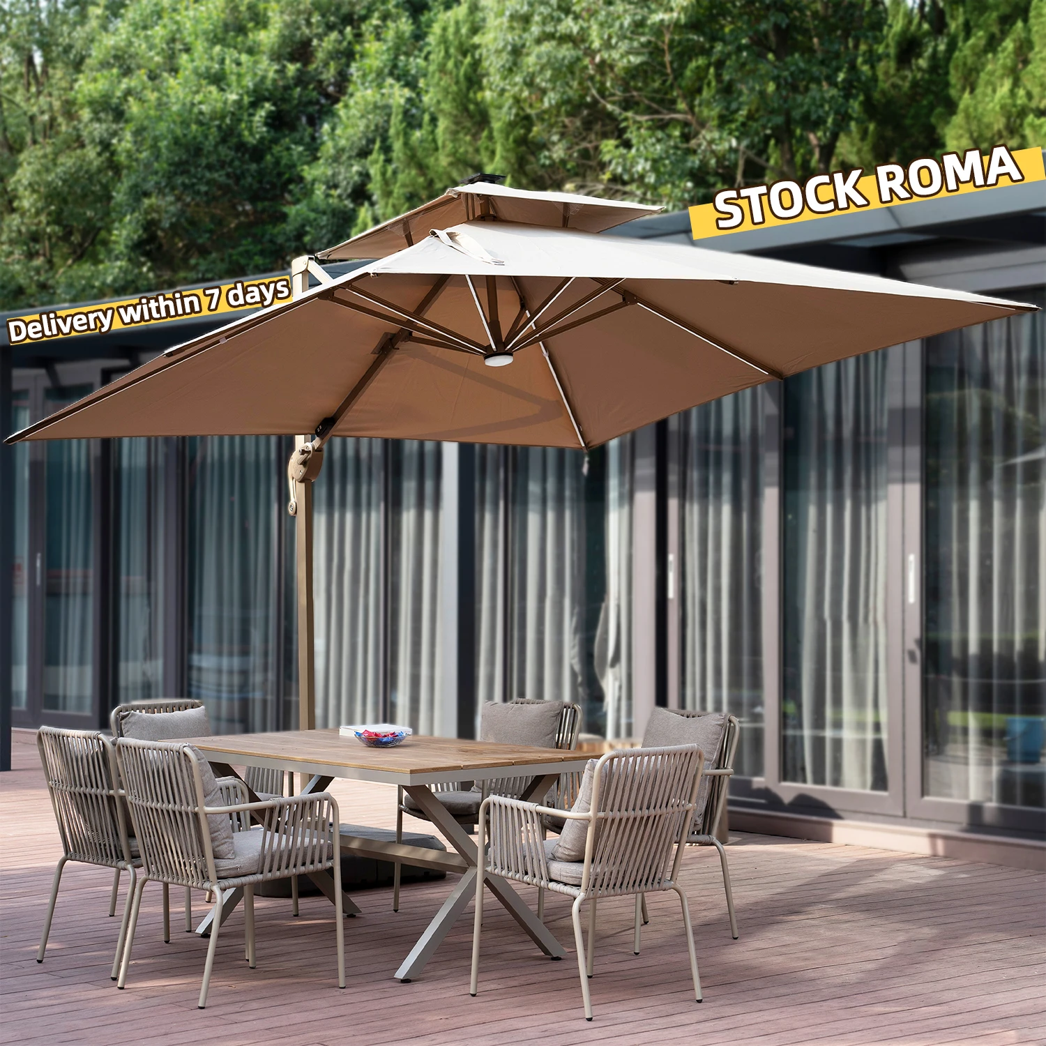 Sombrilla de Jardín de Lujo Moderna con Luces LED Solares de 3x4m, Color Blanco Crema y Negro, de Poliéster, para Uso en Hoteles, Modelo Tucci Roma