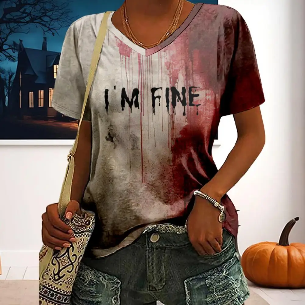 Halloween I'm fine Women T-shirt V-neck Long Sleeve Blood Letter Print Tee Shirt Loose Top Festival T-shirt