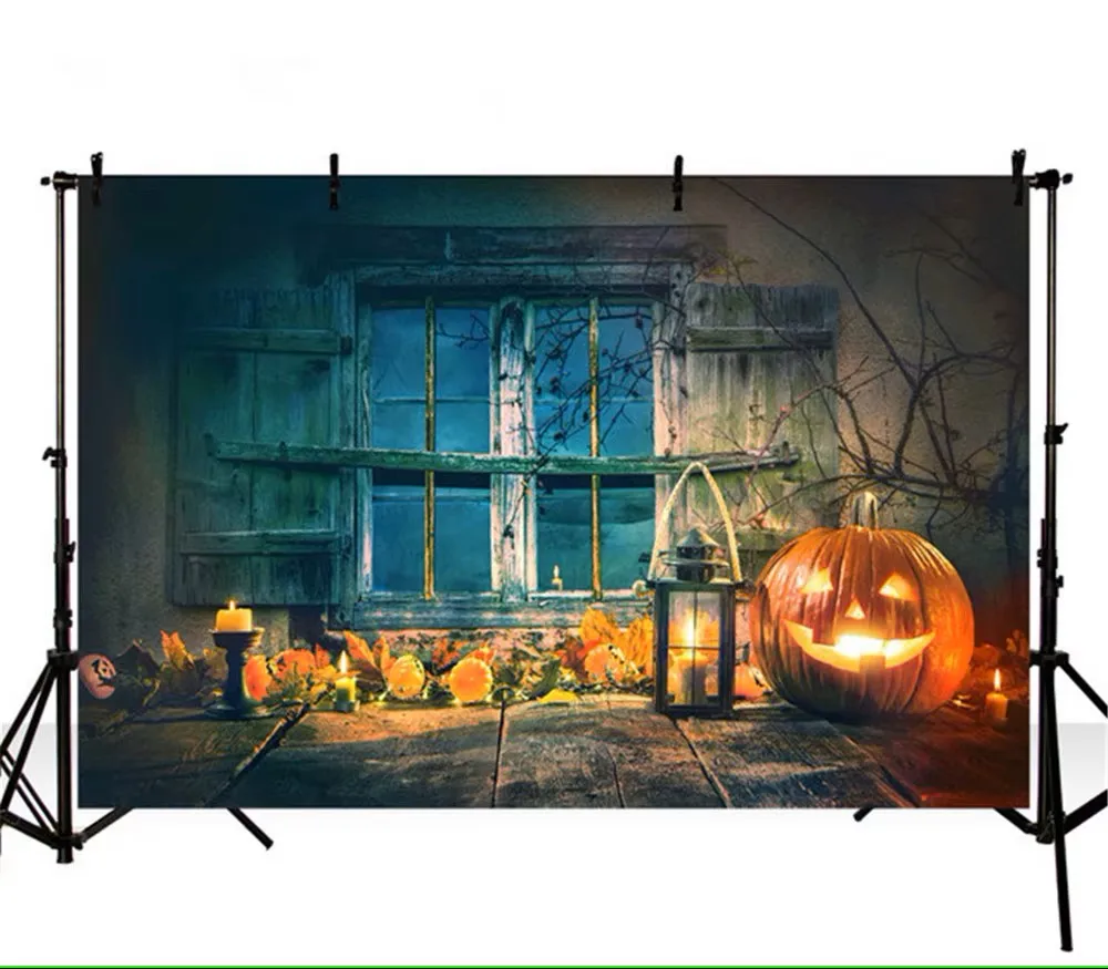 Cymbozin Old Wooden Window Backdrops Halloween Photography Printed Pumpkin Lantern Baby Kids Children Photo Studio Backgrounds