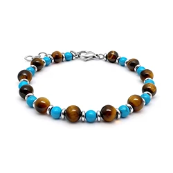 Runda Turquoise Natural Stone Bracelet for Men with Tiger Eye Jewel Adjustable Size Handmade Beaded Wristband for Couples