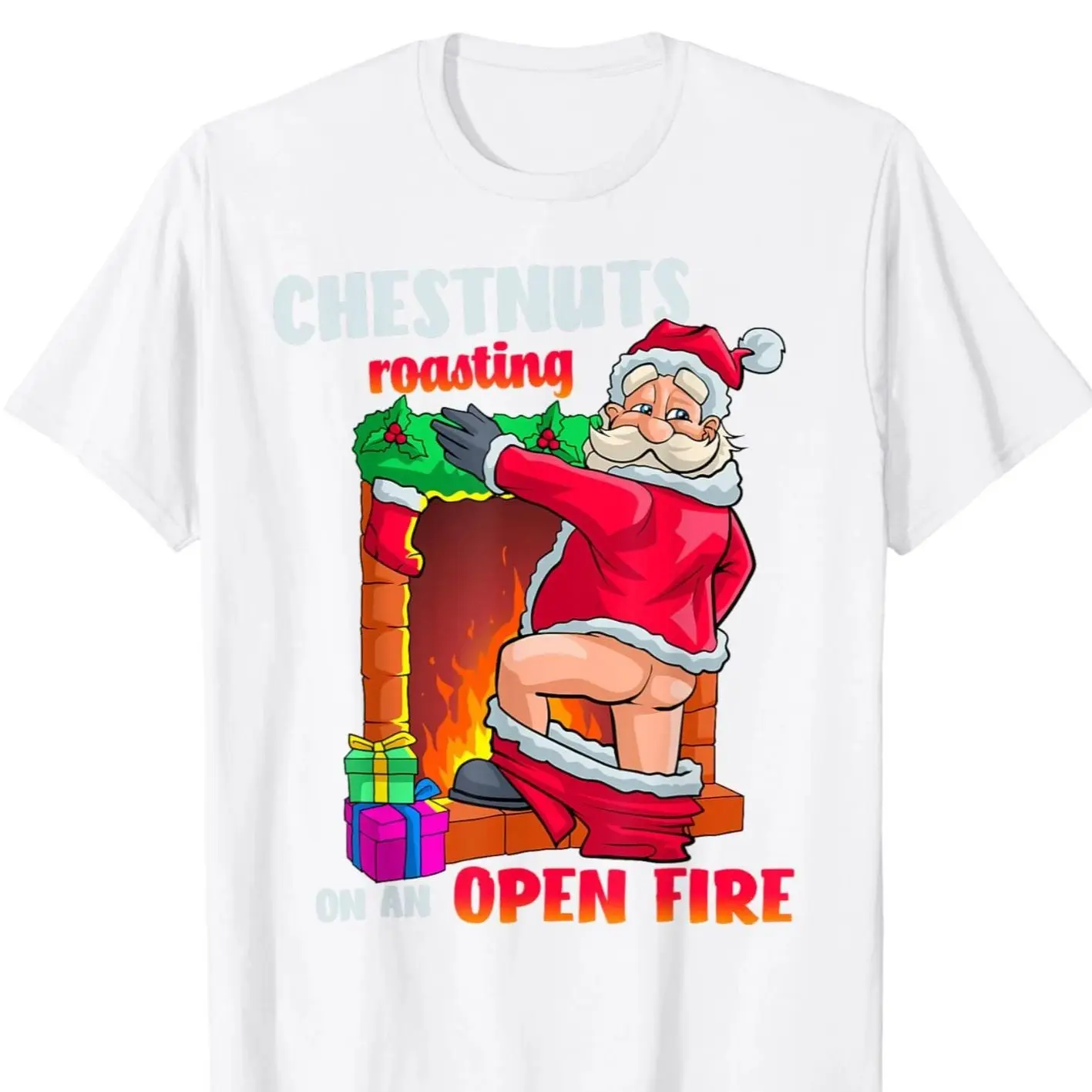 Chestnuts American and European New Year Gift Funny and Witty Santa Claus Party Pure Cotton Short-Sleeved T-Shirt for Men Women