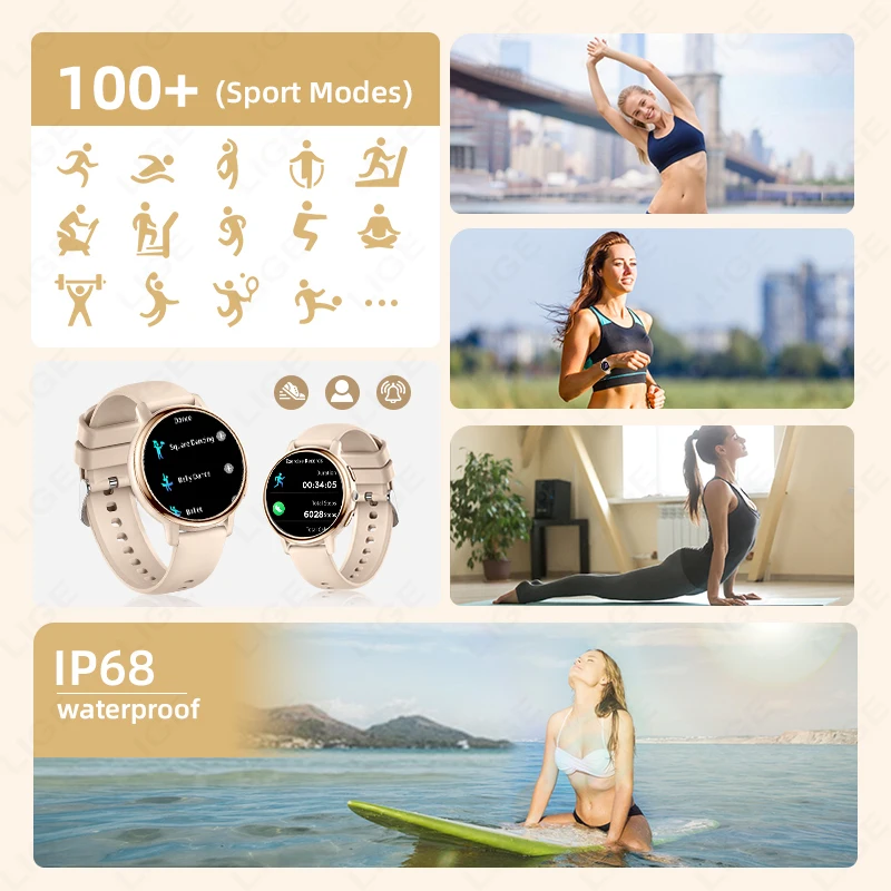 LIGE Nowy damski inteligentny zegarek damski okres menstruacyjny monitorowanie zdrowia Smartwatch Bluetooth Call 100+ trybów sportowych Smartwatches