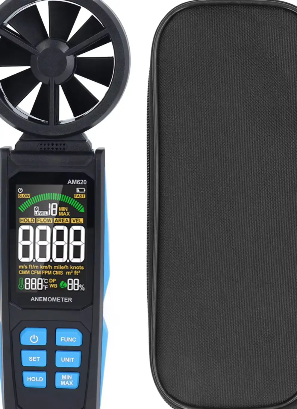 AM620 Digital Anemometer with Six Units Three Air Volume Units and Dual Temperature Scale for Professional Use