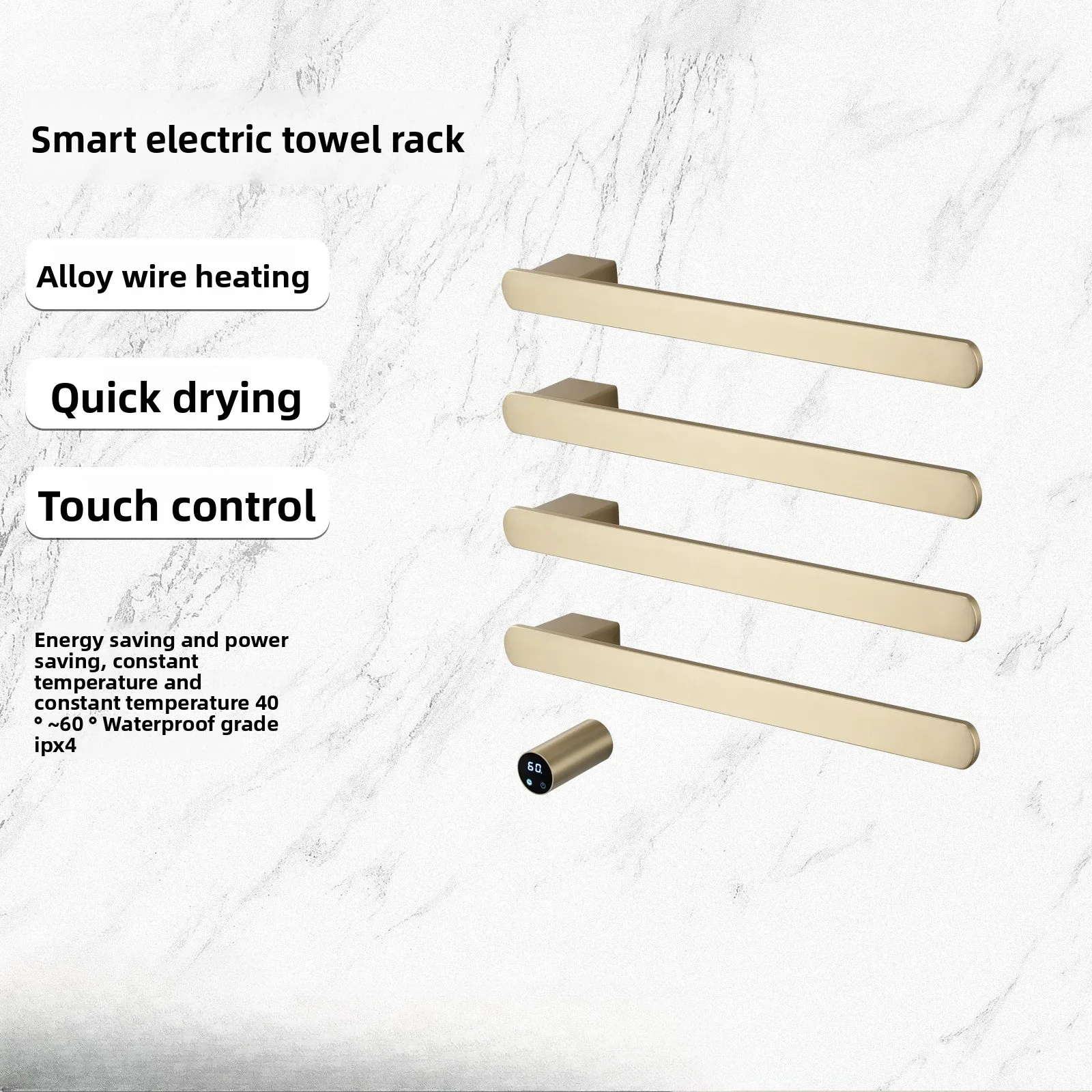 Inteligentny, wbudowany elektryczny podgrzewacz do ręczników, złoty, montowany na ścianie, suszarka do ręczników.