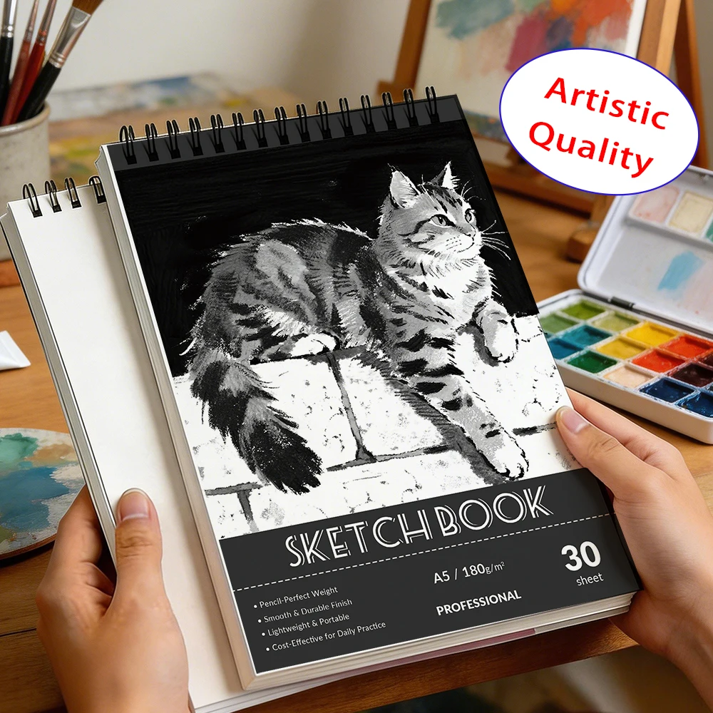 

A4 & A5 Spiral Sketchbook 180gsm, 30 Sheets, Professional Flip-Open Art Pad, Smooth Durable Paper for Sketching, Ideal for Stude