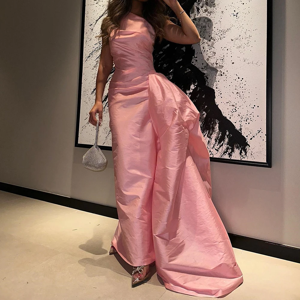 

Elegant Luxury Evening Dress 2024 Panel Train Sleeveless Pleats SATIN Ankle Length Boat Neck Solid Pink Asymmetrical Party Gowns