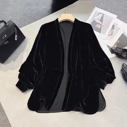 New Casual Loose Black Gold Velvet Cardigan Autumn And Winter Women's Thin Jacket Fashionable Slim Fit Top