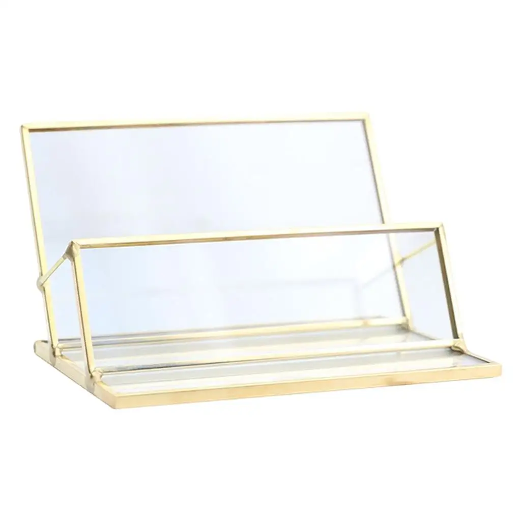 Modern Business Card Holder Glass Box Brass Gold Finish Desk Display Case for Cards and Jewelry Storage