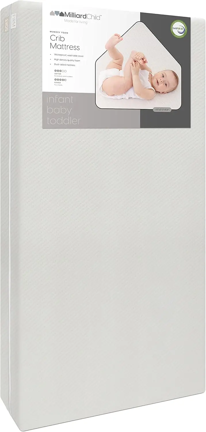 Colchão de berço infantil de espuma viscoelástica premium e colchão de cama de criança com capa à prova d'água, sistema flip de estágio duplo, fabricado nos EUA