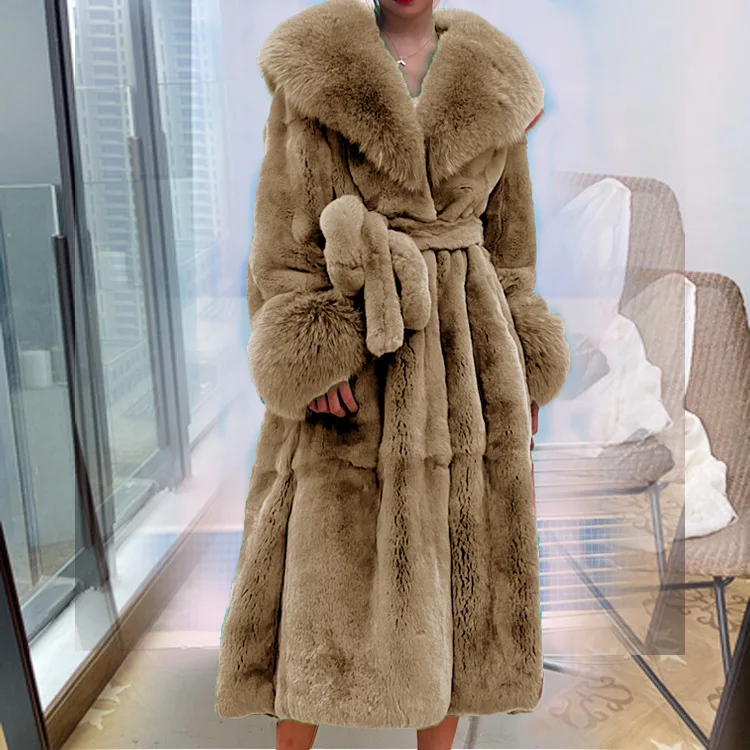 

Coats Women Faux Fox Fur Collar Long Coat Thick Maxi Warm Thick Open Stitch Lace Up Belt Elegant Jackets Autumn Winter Jacket