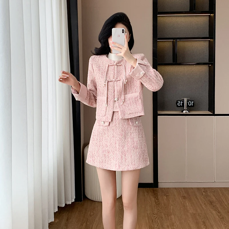 Autumn Winter Elegant pink Tweed 2 Piece Set Women Long Sleeve Woolen Jacket Short Coat Mini Skirts Suits Fashion Two Piece Set