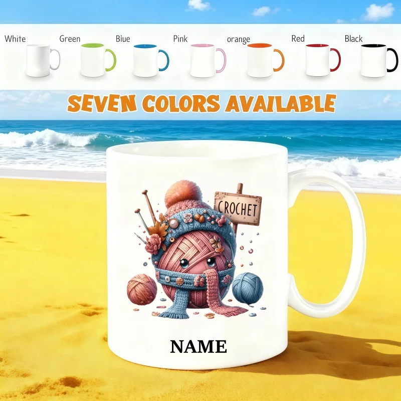 Customizable Name Coffee Mug - Crochet Yarn Ball Themed Mug - Dishwasher Safe - Perfect Birthday and Holiday Gift