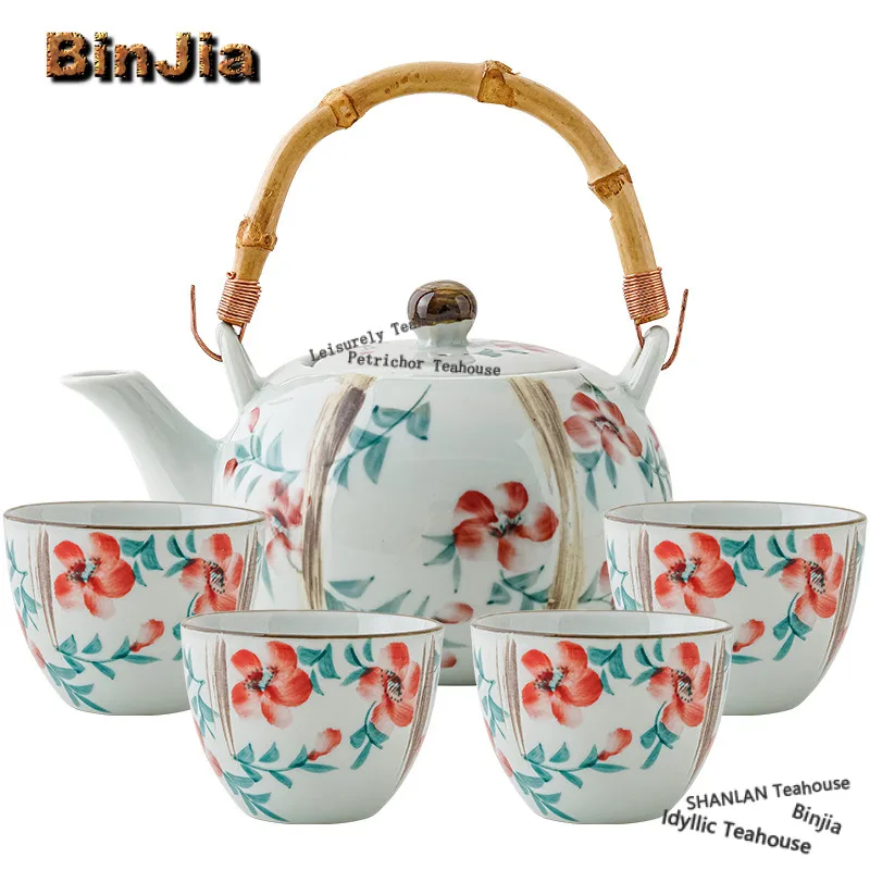Hand-painted Simple Autumn Bamboo High-handled Tea Set Complete Set Luxury Tea Ceremony Set Teapot And Tea Cup Set Drinkware