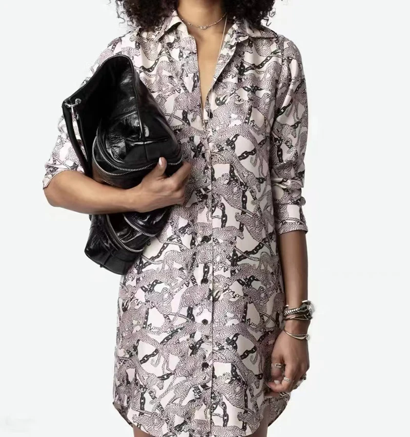 

Cross-border e-commerce winnerz 24 Z&@V French light luxury satin silk leopard print curb chain shirt and dress