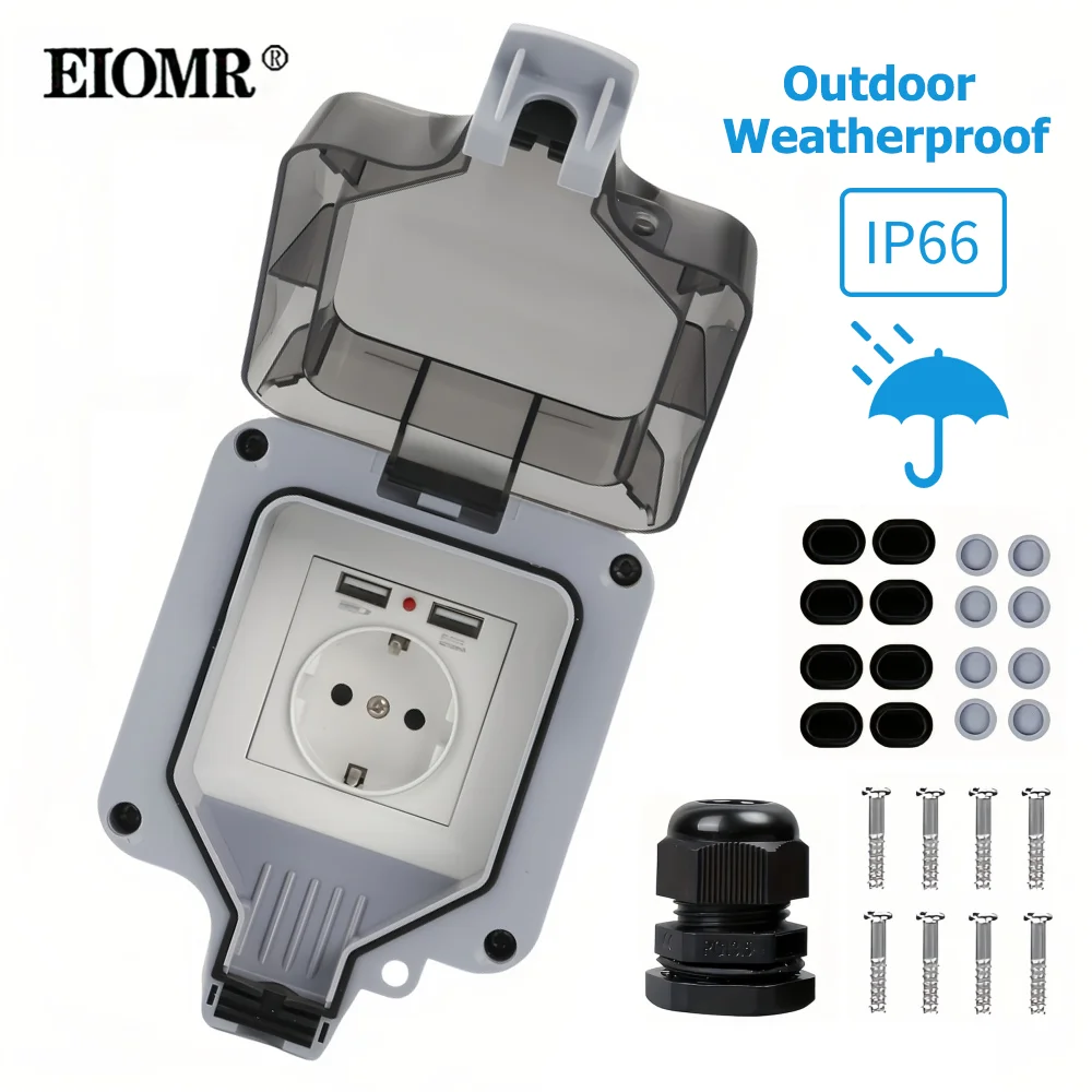 EIOMR IP66 Outlet 220V Waterproof Outdoor Plug Electrical Sockets, Multiple Styles for Garage Garden Bathroom Outdoor Wall Power