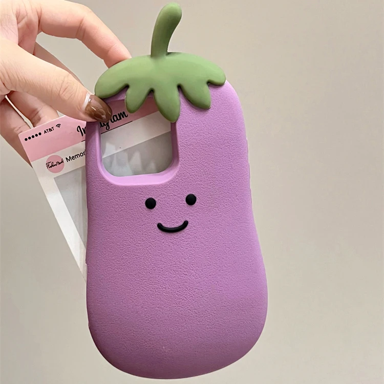 Kawaii Happy Eggplant Case Soft Silicone Cover for iPhone 16 15 14 13 12 11 Pro Max