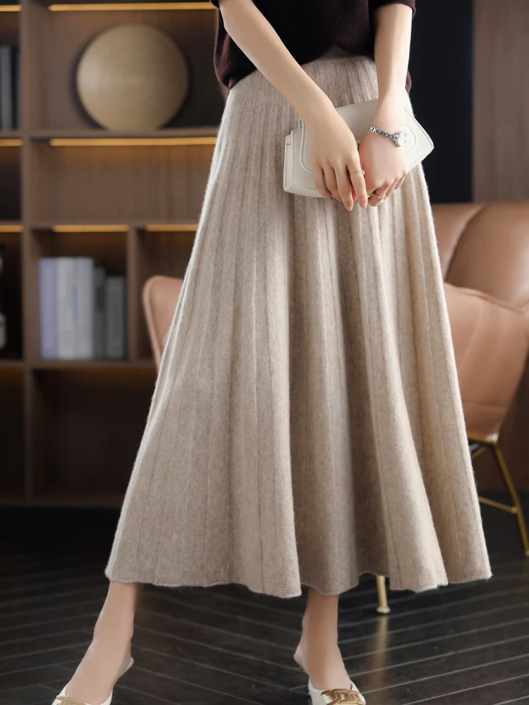 

Autumn Winter Fashion 100% Pure Wool Mid Length High Waist Skirt For Women, Knitted Umbrella Skirt, Fashionable Pleated Skirt