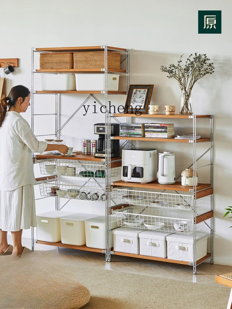 DSA Kitchen Microwave Oven Shelf Stainless Steel Solid Wood Storage Shelf Floor Cave Board Bookshelf