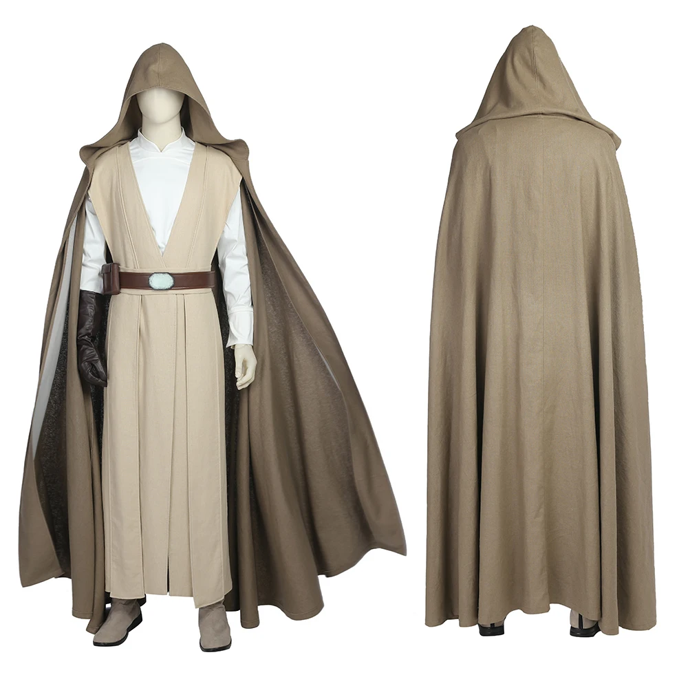 SW Luke Cosplay Costume Superhero Old Luke Skywalker Top Pants Cloak Outfits Mens White Battle Suit for Haloween Party Hand Made