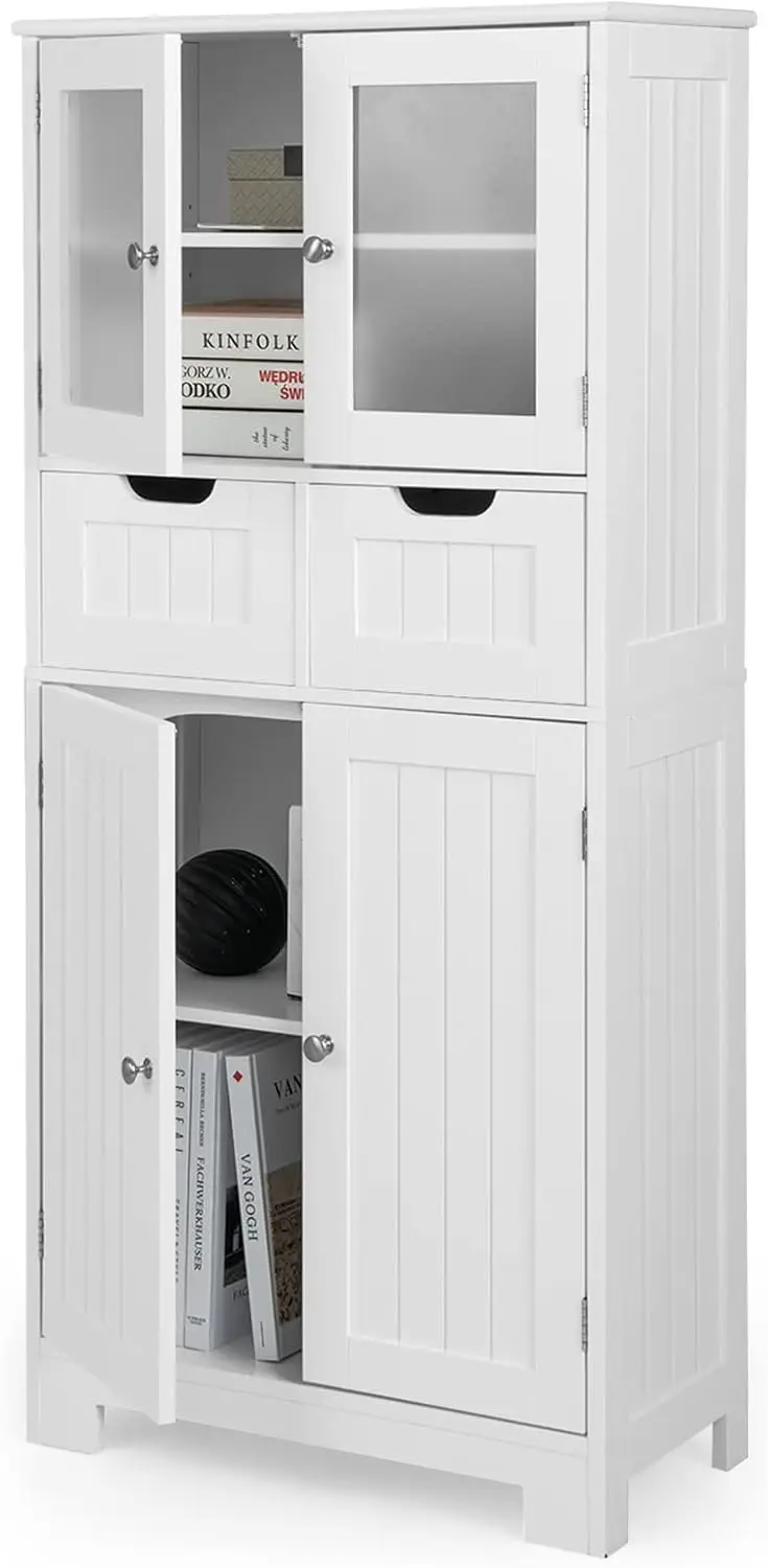 Tall Bathroom Storage Cabinet, Freestanding Floor Cabinet w/2 Double Door Cabinet & 2 Drawers, 3-Position Adjustable Sh