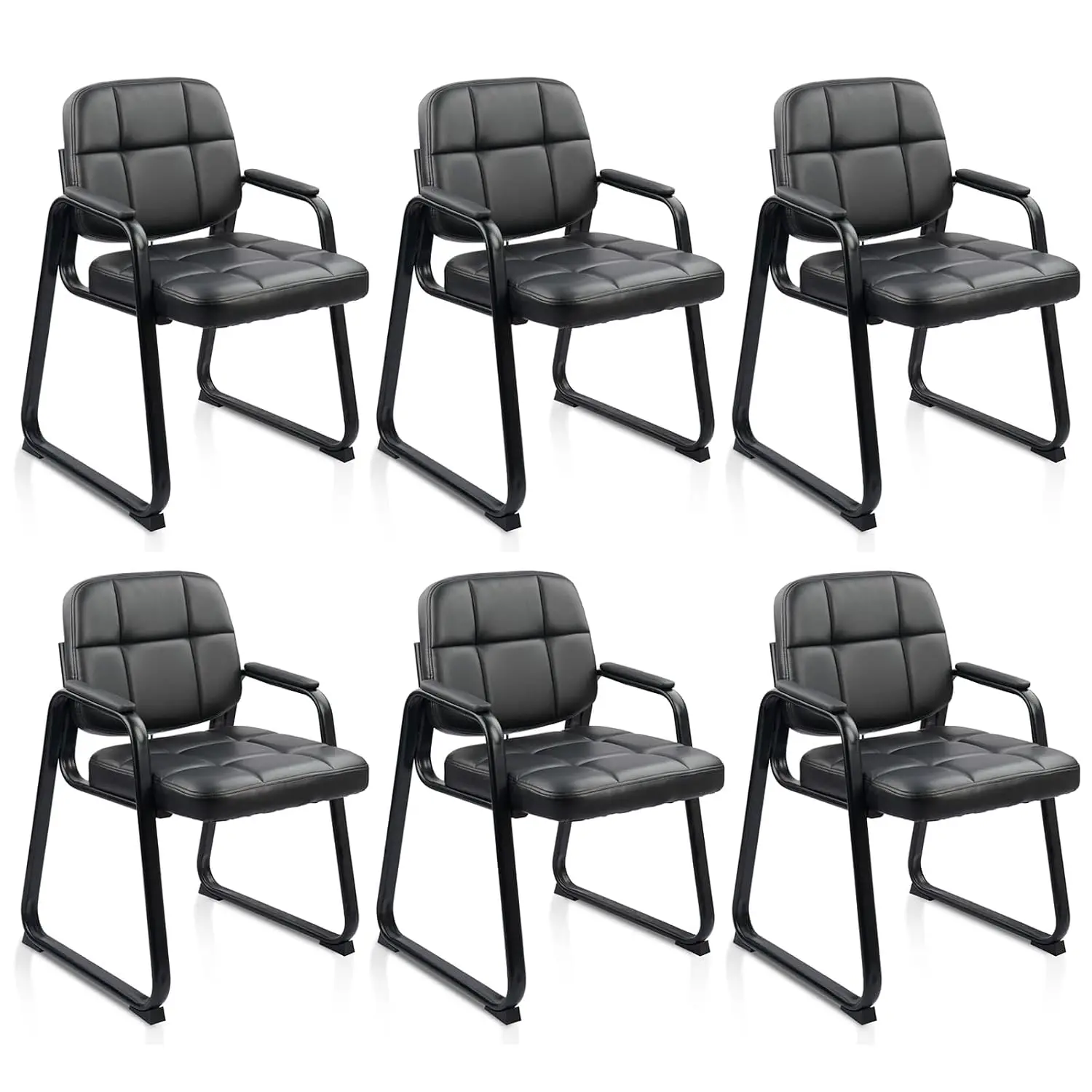 Leather Office Guest Chair Sled Base No Wheels Armrests Lumbar Support Reception Meeting Lobby Black 6PK, Customized
