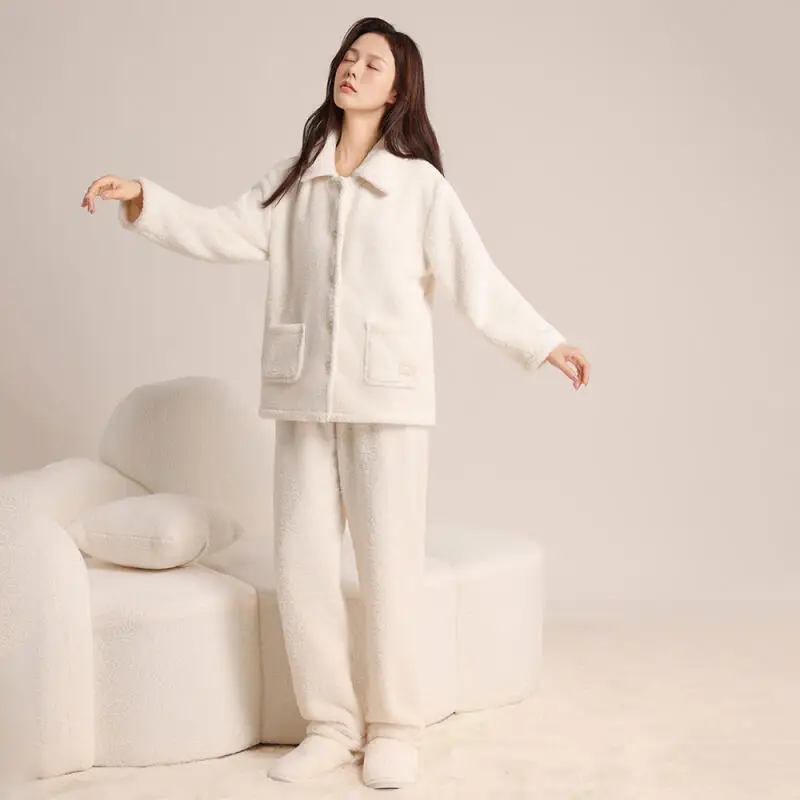 

Thickened Coral Fleece Girl's Pajamas Homewear Warm Leisure Two-Piece Set Autumn Winter Women's Minimalist Loungewear Nightgown